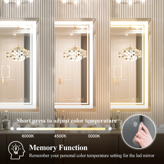 3 Color LED Bathroom Mirror Front lit Anti Fog Dimmable Wall Mount Vanity Mirror 3000K 4500K 6000K