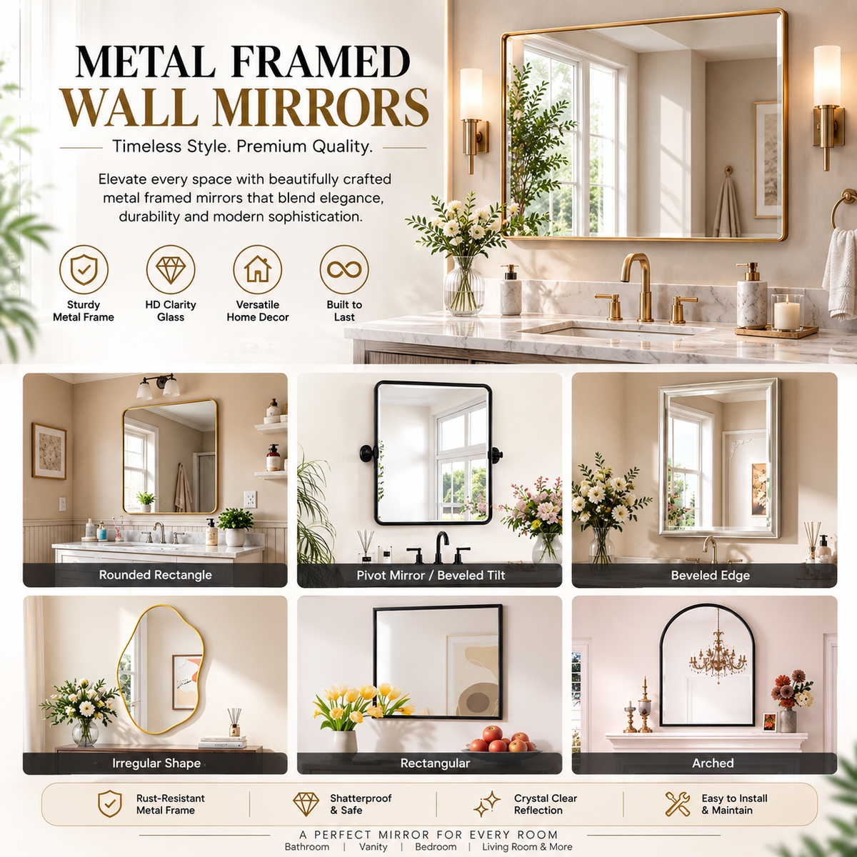 Prime LED House Metal Framed Wall Mirrors | Modern Framed Bathroom & Vanity Mirrors