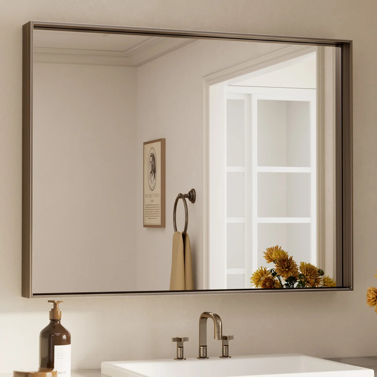 Prime LED House Brushed Aluminum Framed Bathroom Mirror – Rectangle Wall Vanity Mirror with Square Corners, HD Shatter-Resistant Glass, Modern Farmhouse Style
