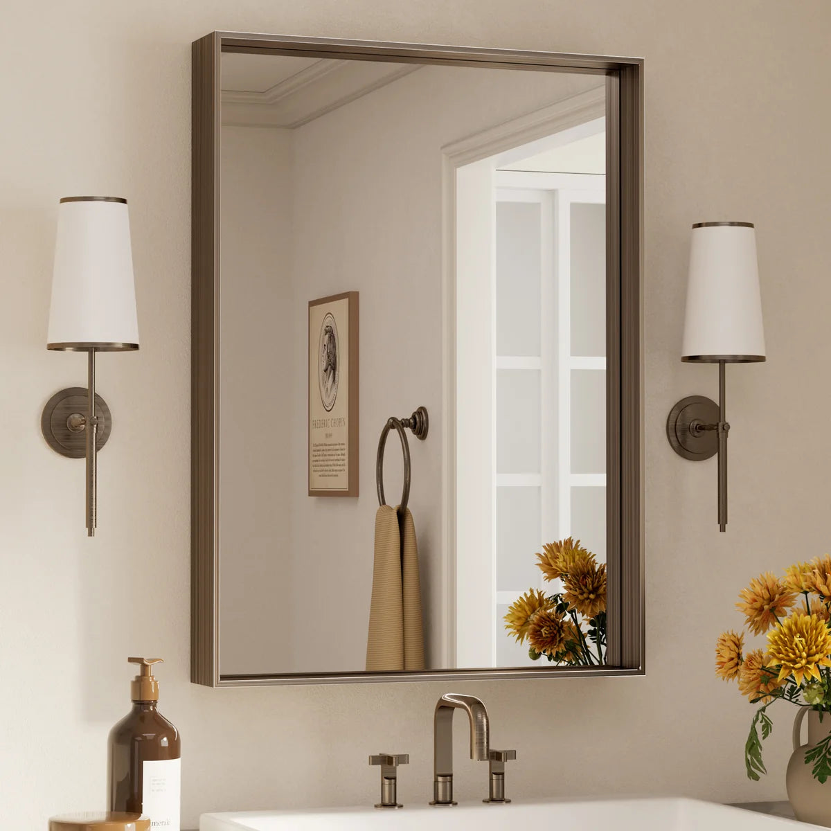Prime LED House Brushed Aluminum Framed Bathroom Mirror – Rectangle Wall Vanity Mirror with Square Corners, HD Shatter-Resistant Glass, Modern Farmhouse Style