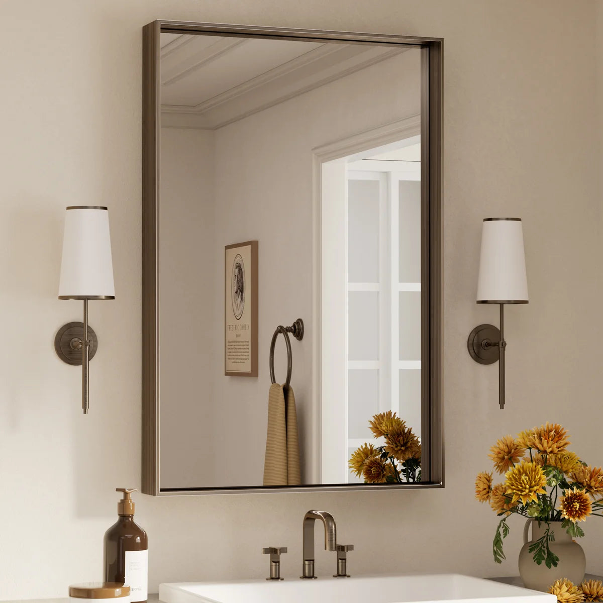 Prime LED House Brushed Aluminum Framed Bathroom Mirror – Rectangle Wall Vanity Mirror with Square Corners, HD Shatter-Resistant Glass, Modern Farmhouse Style