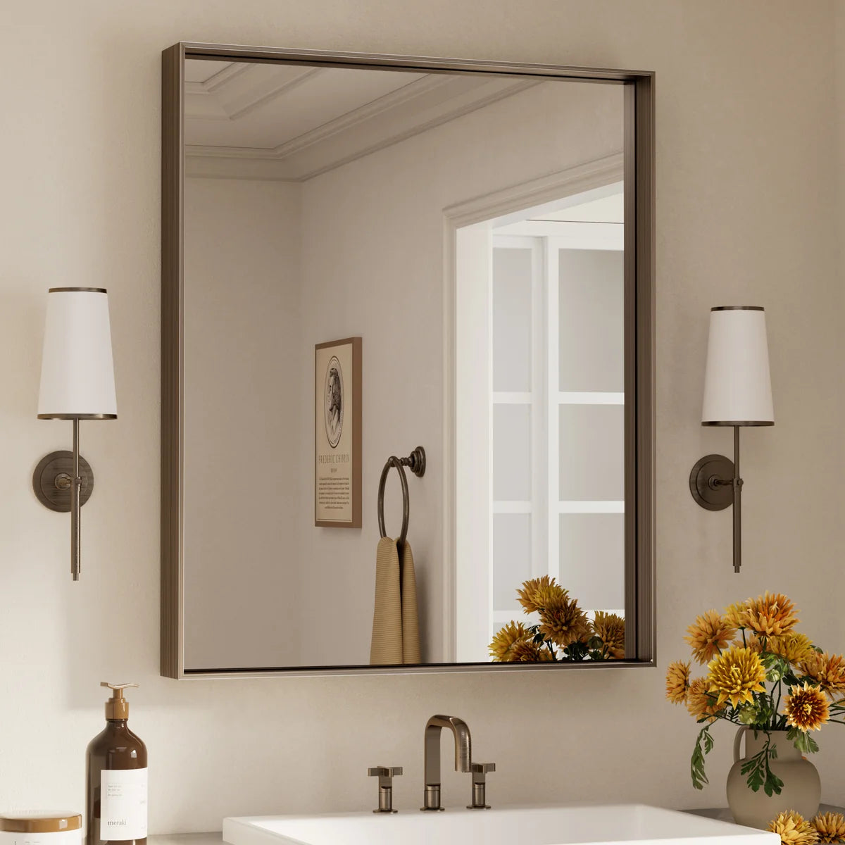 Prime LED House Brushed Aluminum Framed Bathroom Mirror – Rectangle Wall Vanity Mirror with Square Corners, HD Shatter-Resistant Glass, Modern Farmhouse Style