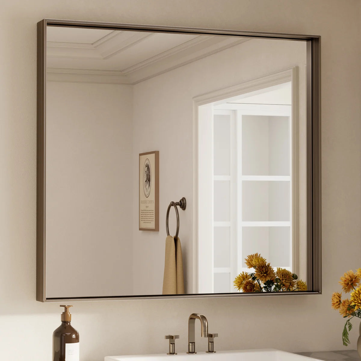 Prime LED House Brushed Aluminum Framed Bathroom Mirror – Rectangle Wall Vanity Mirror with Square Corners, HD Shatter-Resistant Glass, Modern Farmhouse Style