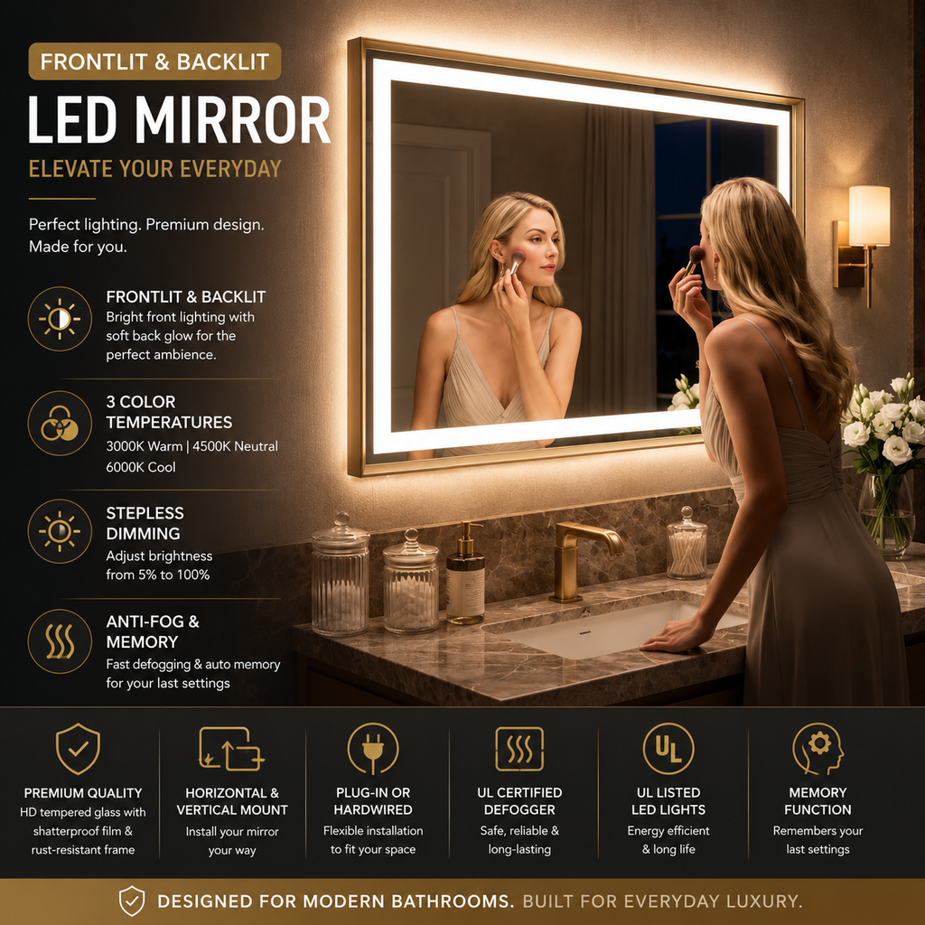 Frontlit & Backlit Framed LED Bathroom Mirror with 3-Color Dimmable Lighting, Anti-Fog & HD Tempered Glass