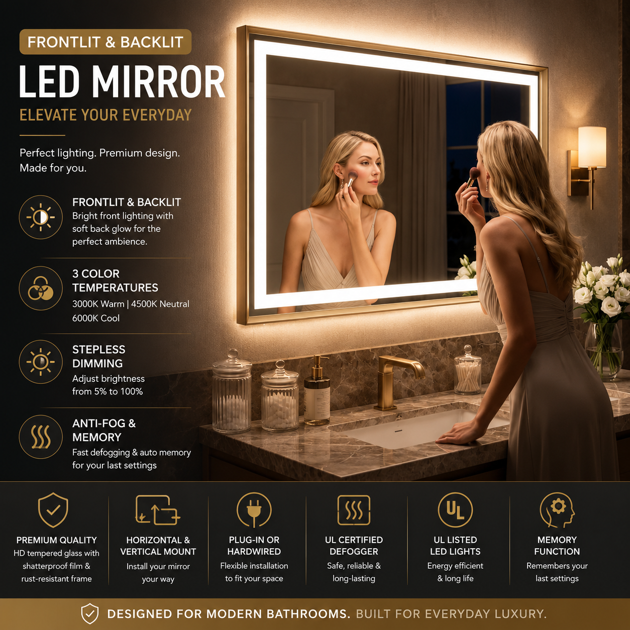 Frontlit & Backlit Framed LED Bathroom Mirror with 3-Color Dimmable Lighting, Anti-Fog & HD Tempered Glass