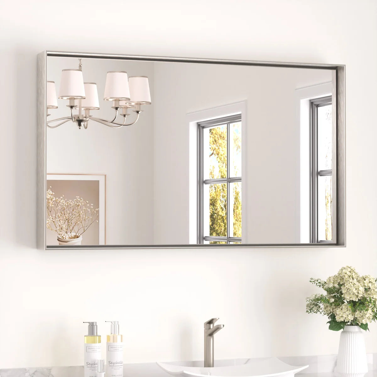 Prime LED House Brushed Aluminum Framed Bathroom Mirror – Rectangle Wall Vanity Mirror with Square Corners, HD Shatter-Resistant Glass, Modern Farmhouse Style