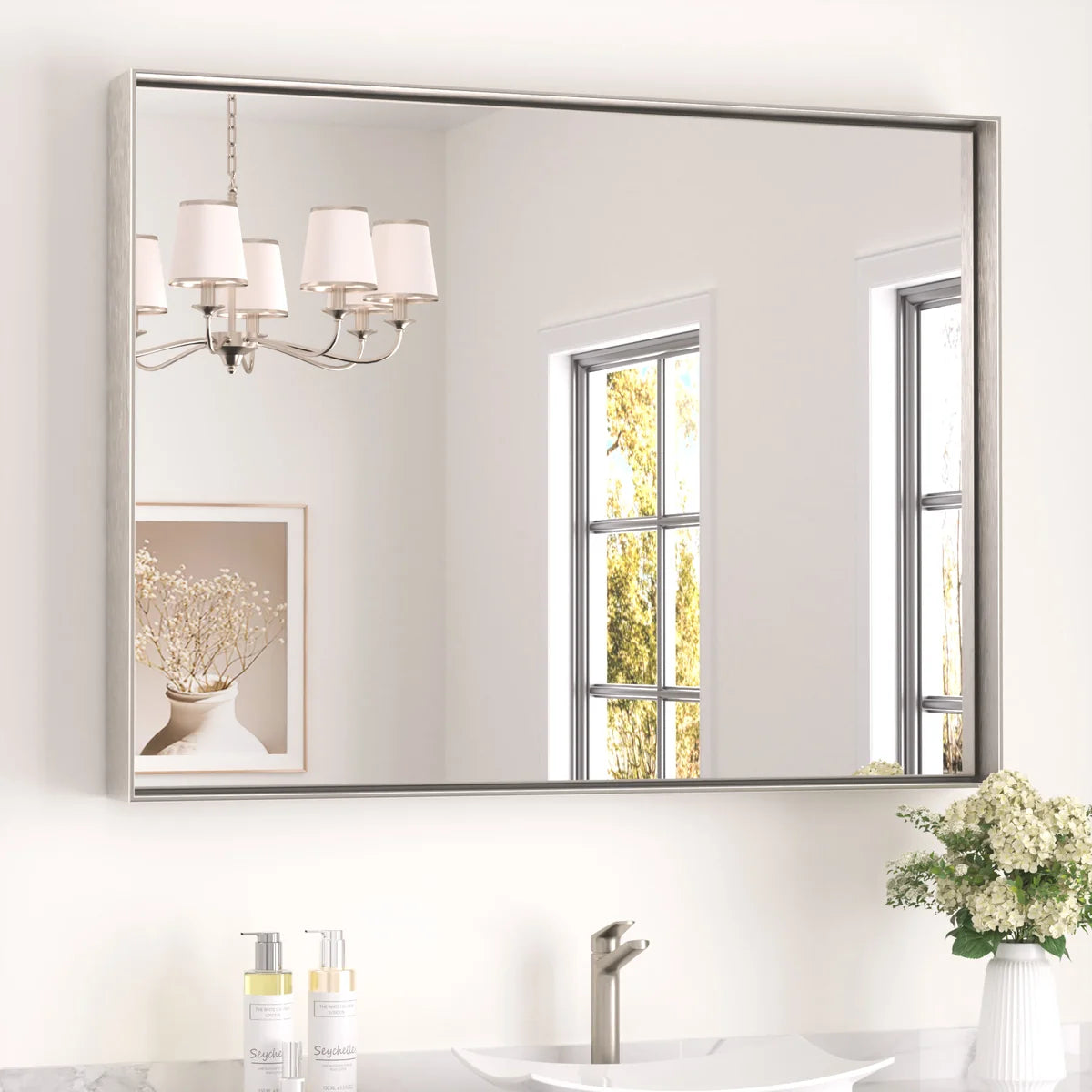 Prime LED House Brushed Aluminum Framed Bathroom Mirror – Rectangle Wall Vanity Mirror with Square Corners, HD Shatter-Resistant Glass, Modern Farmhouse Style
