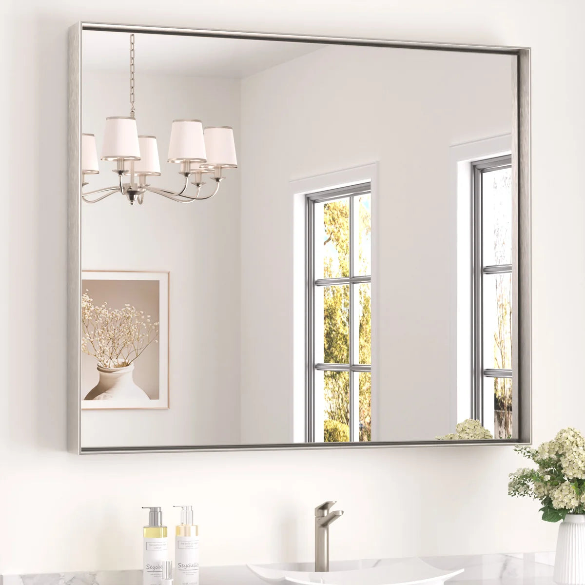 Prime LED House Brushed Aluminum Framed Bathroom Mirror – Rectangle Wall Vanity Mirror with Square Corners, HD Shatter-Resistant Glass, Modern Farmhouse Style