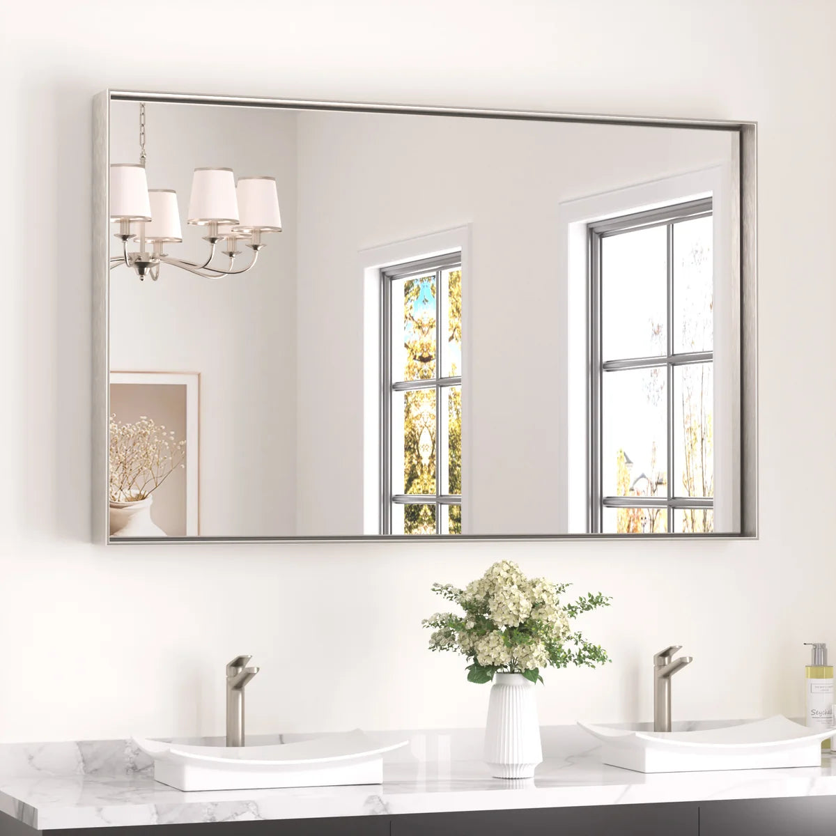 Prime LED House Brushed Aluminum Framed Bathroom Mirror – Rectangle Wall Vanity Mirror with Square Corners, HD Shatter-Resistant Glass, Modern Farmhouse Style