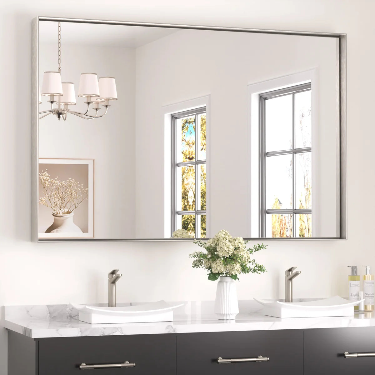Prime LED House Brushed Aluminum Framed Bathroom Mirror – Rectangle Wall Vanity Mirror with Square Corners, HD Shatter-Resistant Glass, Modern Farmhouse Style