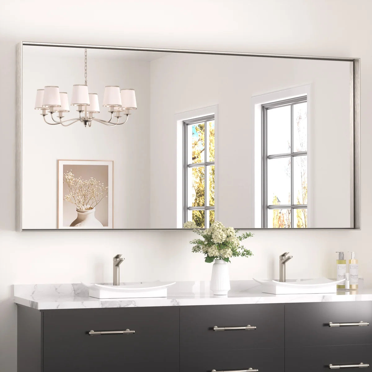 Prime LED House Brushed Aluminum Framed Bathroom Mirror – Rectangle Wall Vanity Mirror with Square Corners, HD Shatter-Resistant Glass, Modern Farmhouse Style