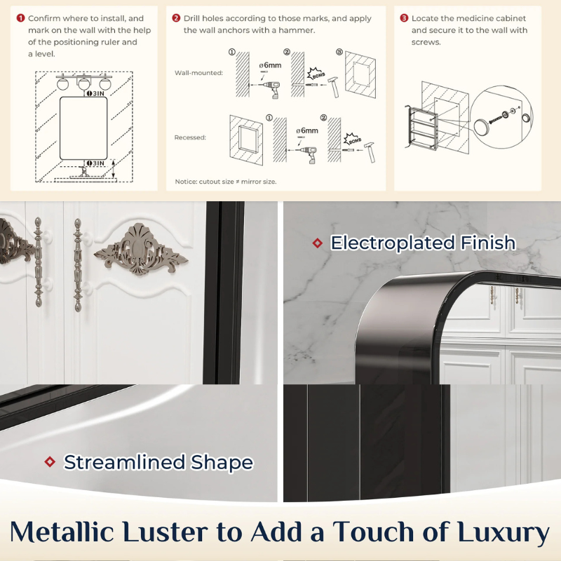 Stainless Steel Bathroom Medicine Cabinet with Mirror – Recessed or Wall Mounted Storage Cabinet