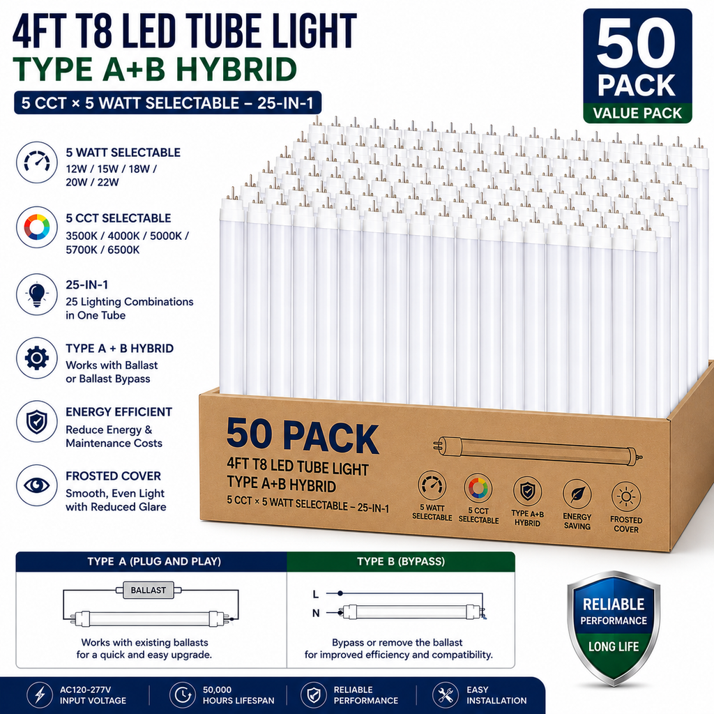 4FT T8 LED Tube Light, Type A+B Hybrid, 12-22W Selectable, 5 CCT Selectable, Frosted Cover