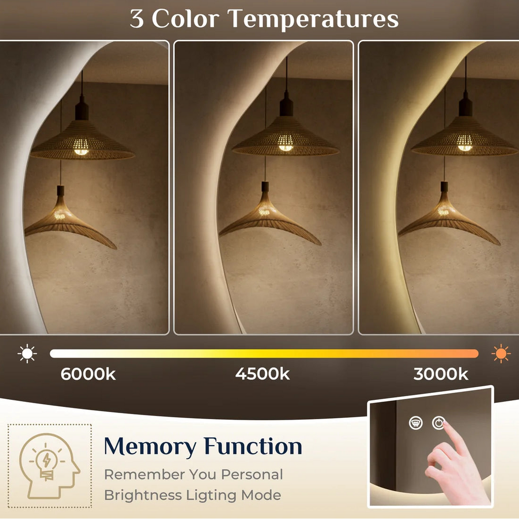 Prime LED House Asymmetrical Backlit LED Bathroom Mirror – 3-Color Dimmable, Anti-Fog, HD Tempered Glass