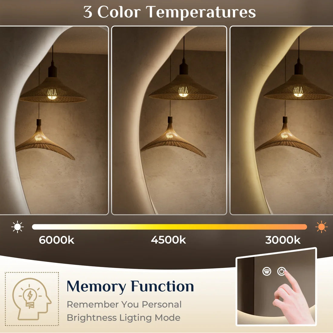 Prime LED House Asymmetrical Backlit LED Bathroom Mirror – 3-Color Dimmable, Anti-Fog, HD Tempered Glass