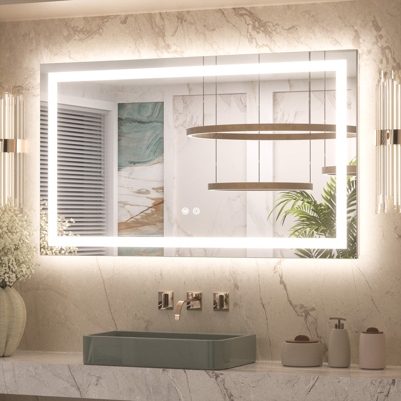 3 Color Energy Saving Frontlit & Backlit LED Bathroom Mirror Anti-Fog Dimmable Wall Mounted Vanity Mirror 3000K 4500K 6000K