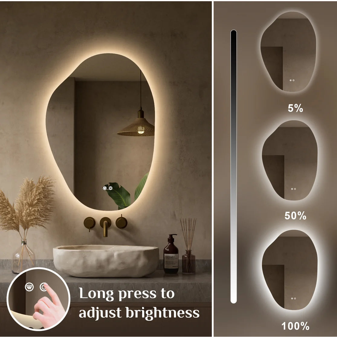 Prime LED House Asymmetrical Backlit LED Bathroom Mirror – 3-Color Dimmable, Anti-Fog, HD Tempered Glass