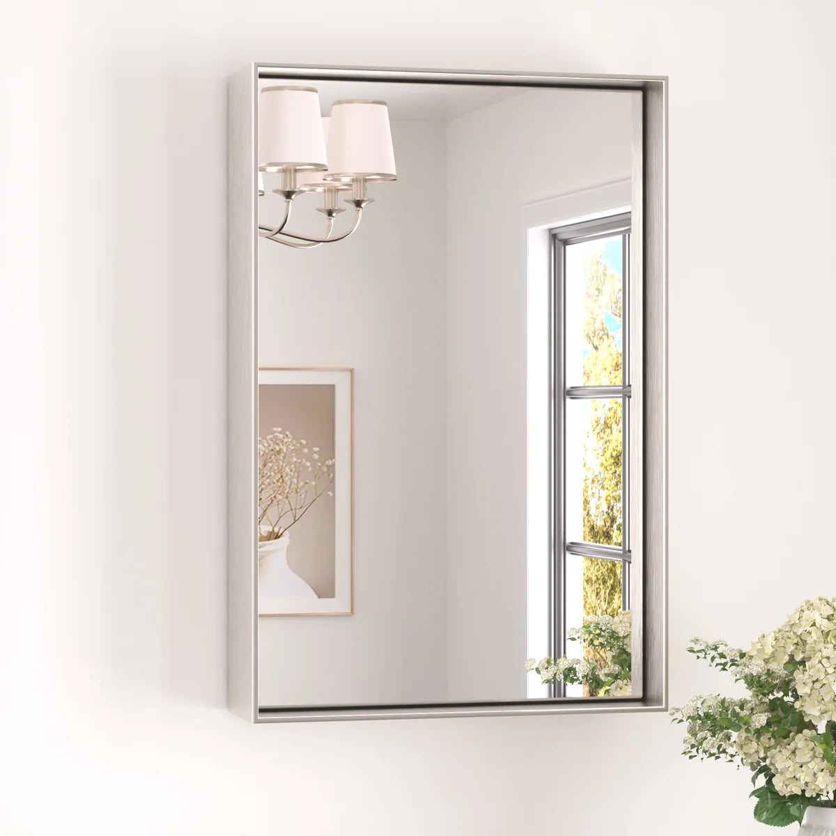 Prime LED House Brushed Aluminum Framed Bathroom Mirror – Rectangle Wall Vanity Mirror with Square Corners, HD Shatter-Resistant Glass, Modern Farmhouse Style