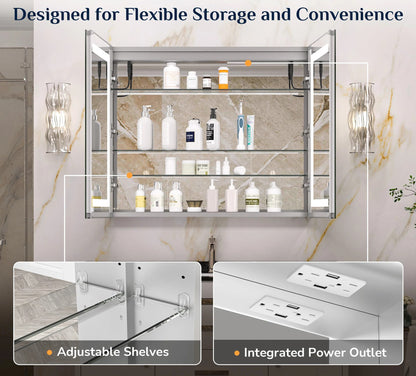 LED Lighted Bathroom Medicine Cabinet with Mirror – Anti-Fog, Adjustable Shelves, USB & Outlet, Recessed or Wall Mounted