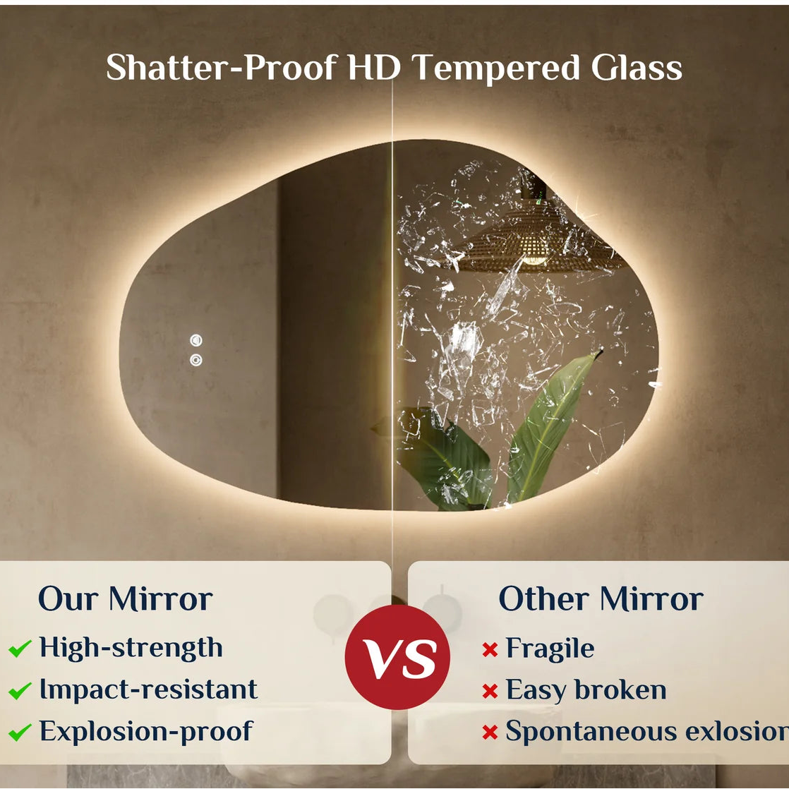 Prime LED House Asymmetrical Backlit LED Bathroom Mirror – 3-Color Dimmable, Anti-Fog, HD Tempered Glass