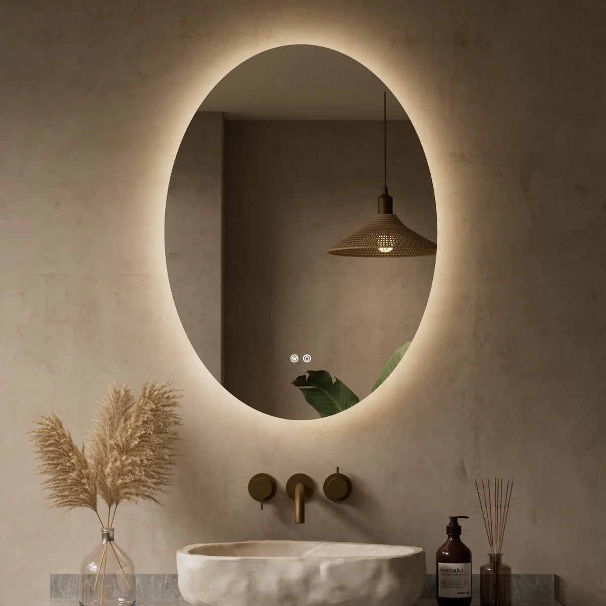Prime LED House Oval Backlit LED Bathroom Mirror – 3-Color Dimmable, Anti-Fog, HD Tempered Glass, Touch Memory & French Cleat Mounting
