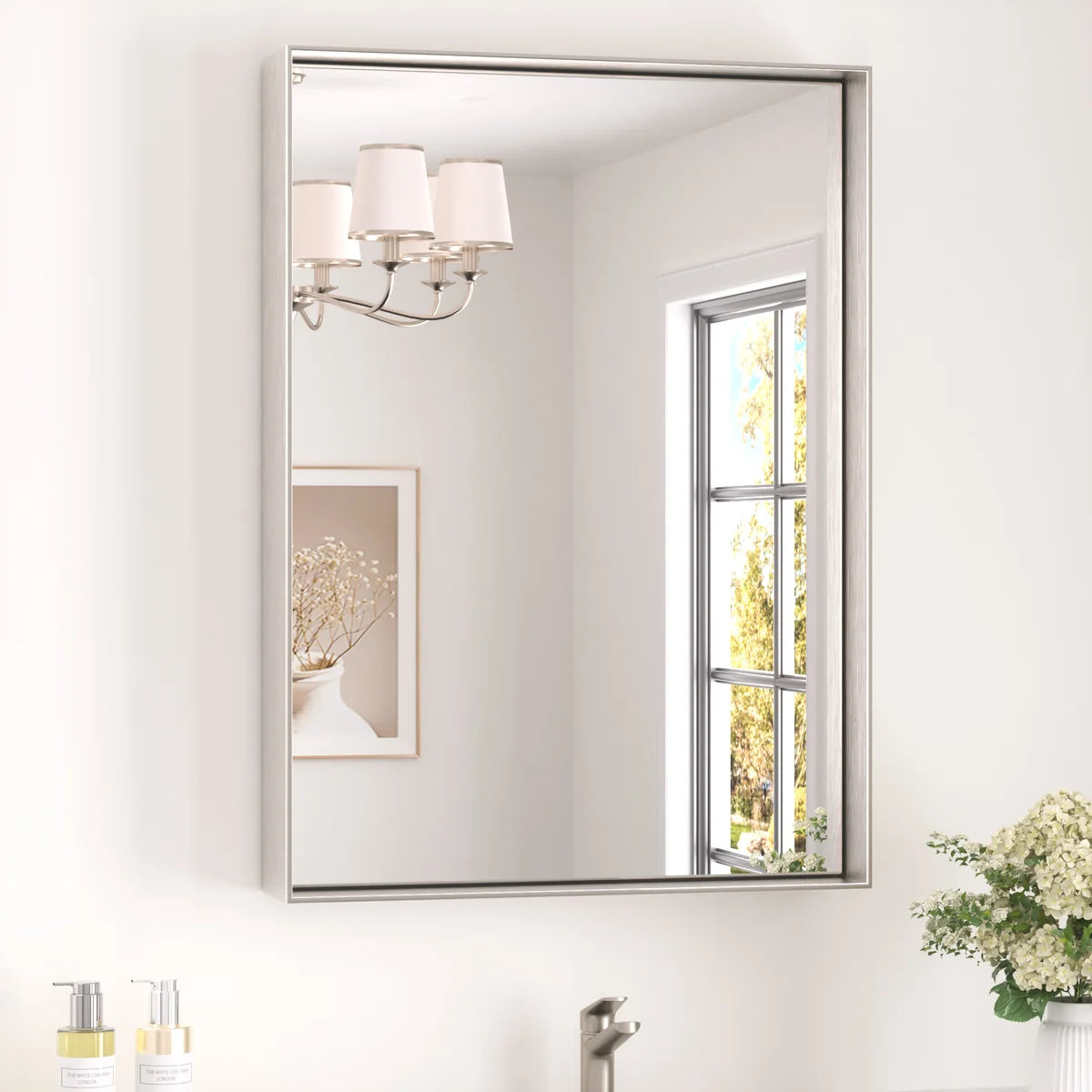 Prime LED House Brushed Aluminum Framed Bathroom Mirror – Rectangle Wall Vanity Mirror with Square Corners, HD Shatter-Resistant Glass, Modern Farmhouse Style