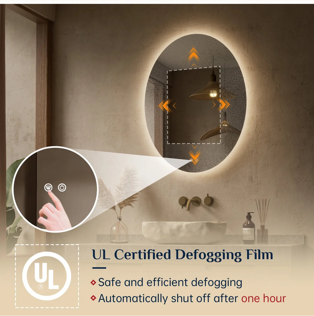 Prime LED House Oval Backlit LED Bathroom Mirror – 3-Color Dimmable, Anti-Fog, HD Tempered Glass, Touch Memory & French Cleat Mounting