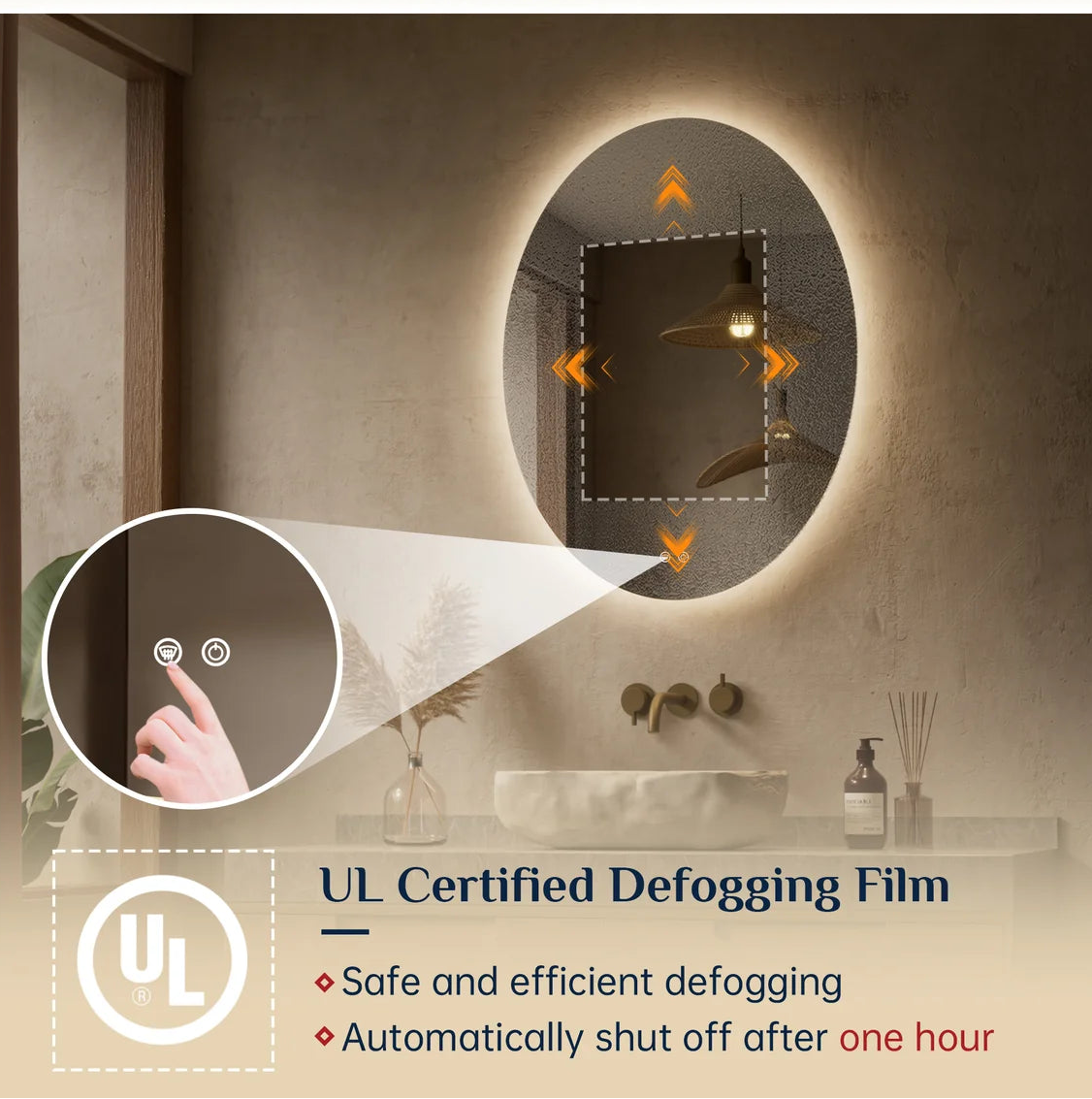 Prime LED House Oval Backlit LED Bathroom Mirror – 3-Color Dimmable, Anti-Fog, HD Tempered Glass, Touch Memory & French Cleat Mounting