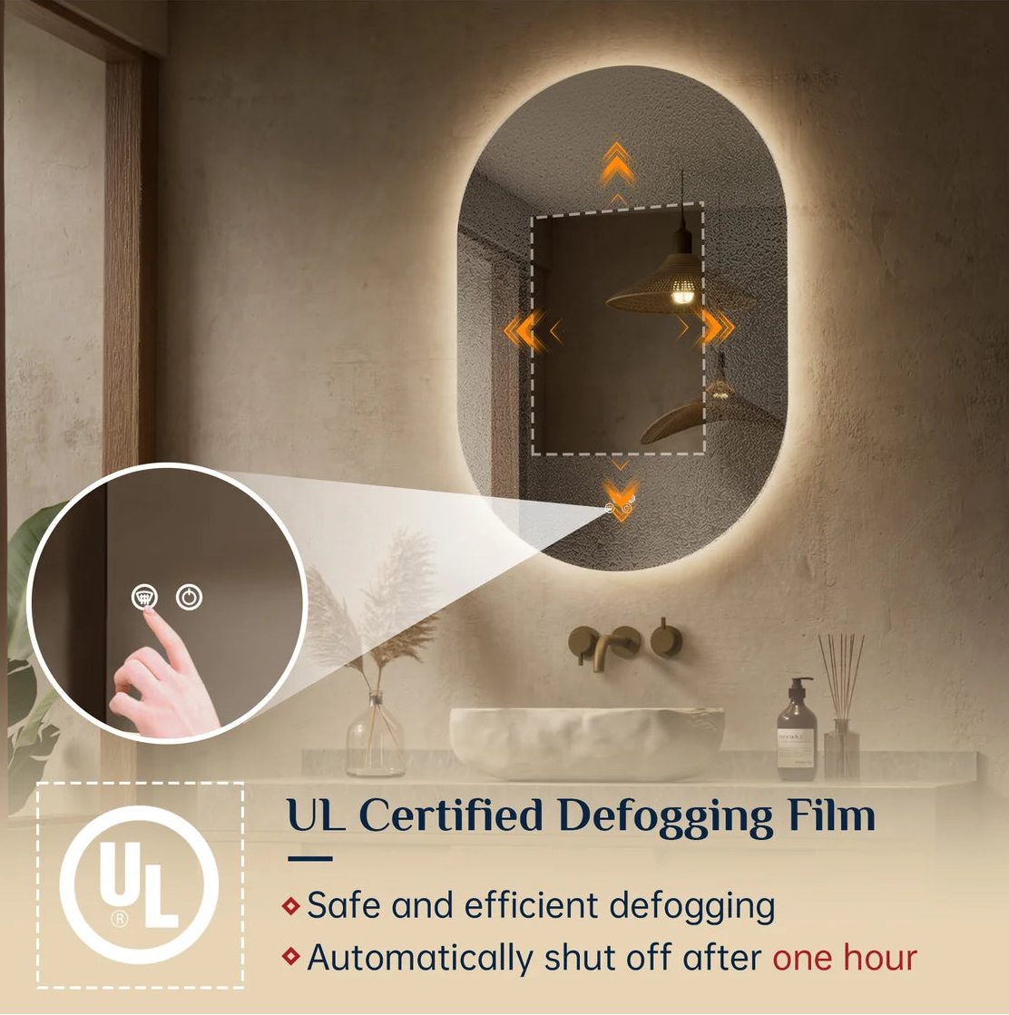 Prime LED House Oval Pill-Shaped Backlit LED Bathroom Mirror – 3-Color 3000K/4500K/6000K Dimmable Lighting, Anti-Fog, HD Tempered Glass, Touch Control, UL-Listed Driver
