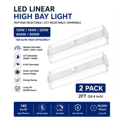 LED Linear High Bay Light – Wattage Selectable 120W/165W/220W – 4000K/5000K CCT – 140 lm/W – 0-10V Dimmable – 2FT