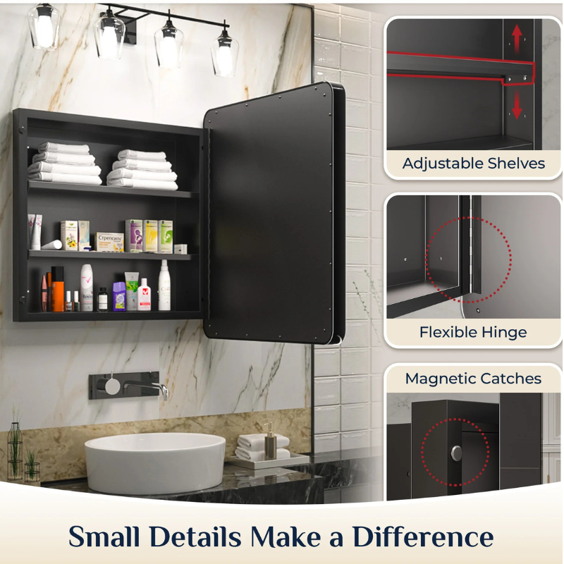 Stainless Steel Bathroom Medicine Cabinet with Mirror – Recessed or Wall Mounted Storage Cabinet