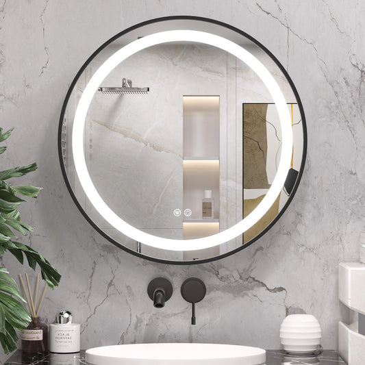 Round LED Lighted Medicine Cabinet with Mirror – Anti-Fog, Dimmable 3 Color Lights & Built-In Outlet
