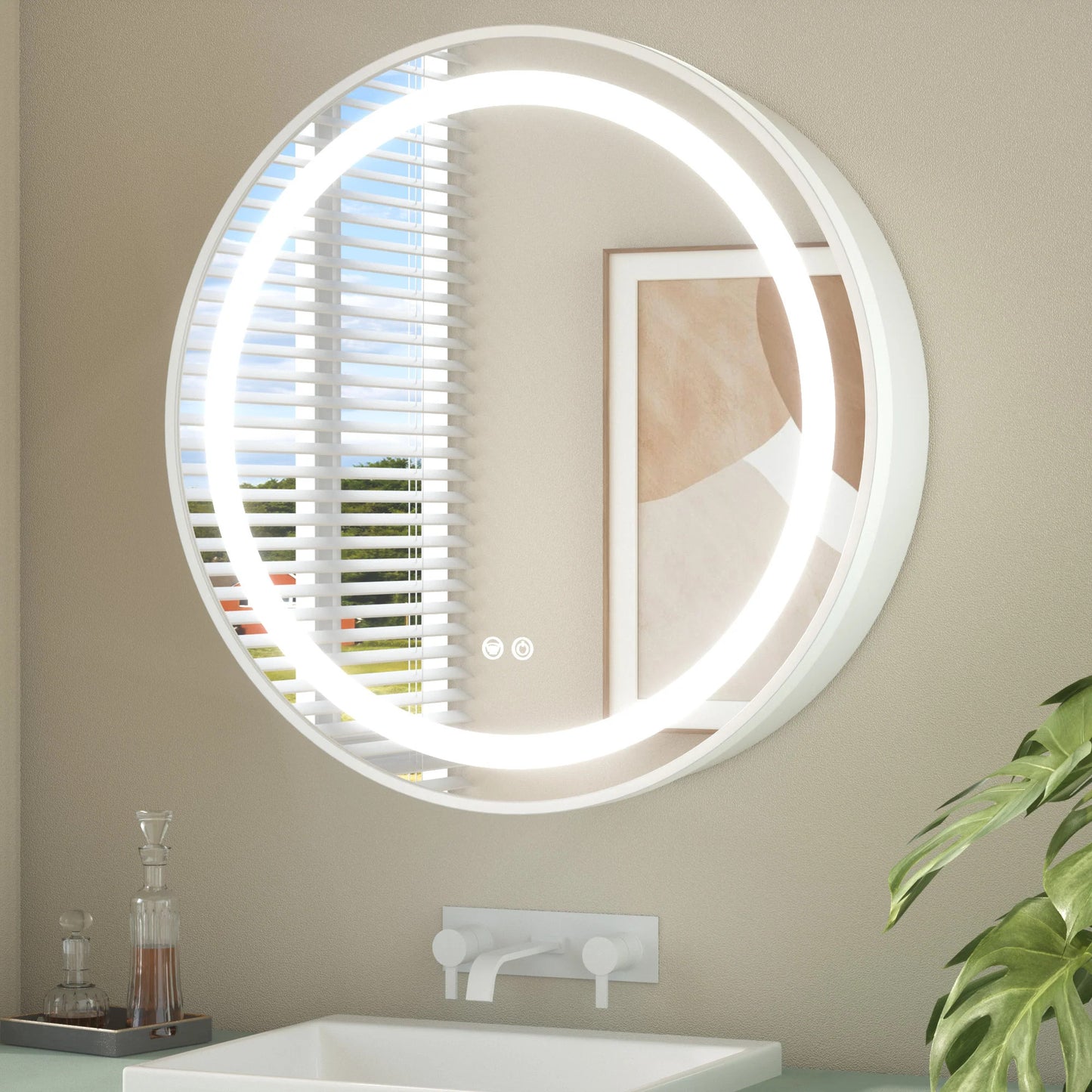 Round LED Lighted Medicine Cabinet with Mirror – Anti-Fog, Dimmable 3 Color Lights & Built-In Outlet
