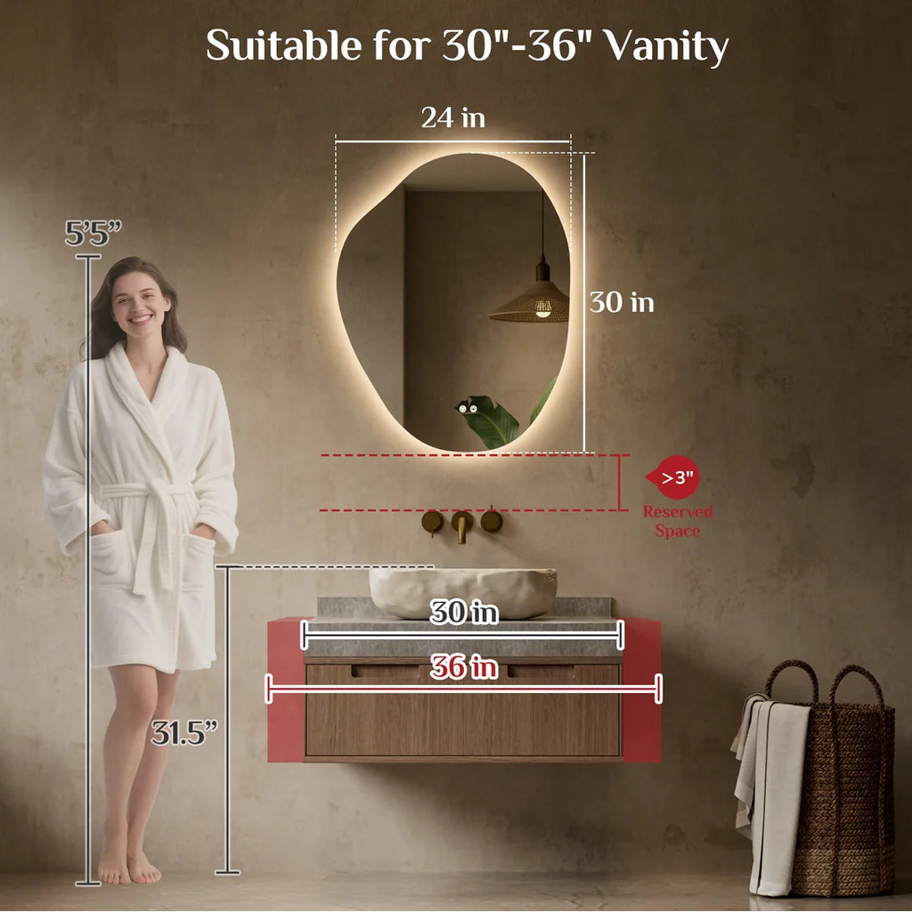 Prime LED House Asymmetrical Backlit LED Bathroom Mirror – 3-Color Dimmable, Anti-Fog, HD Tempered Glass
