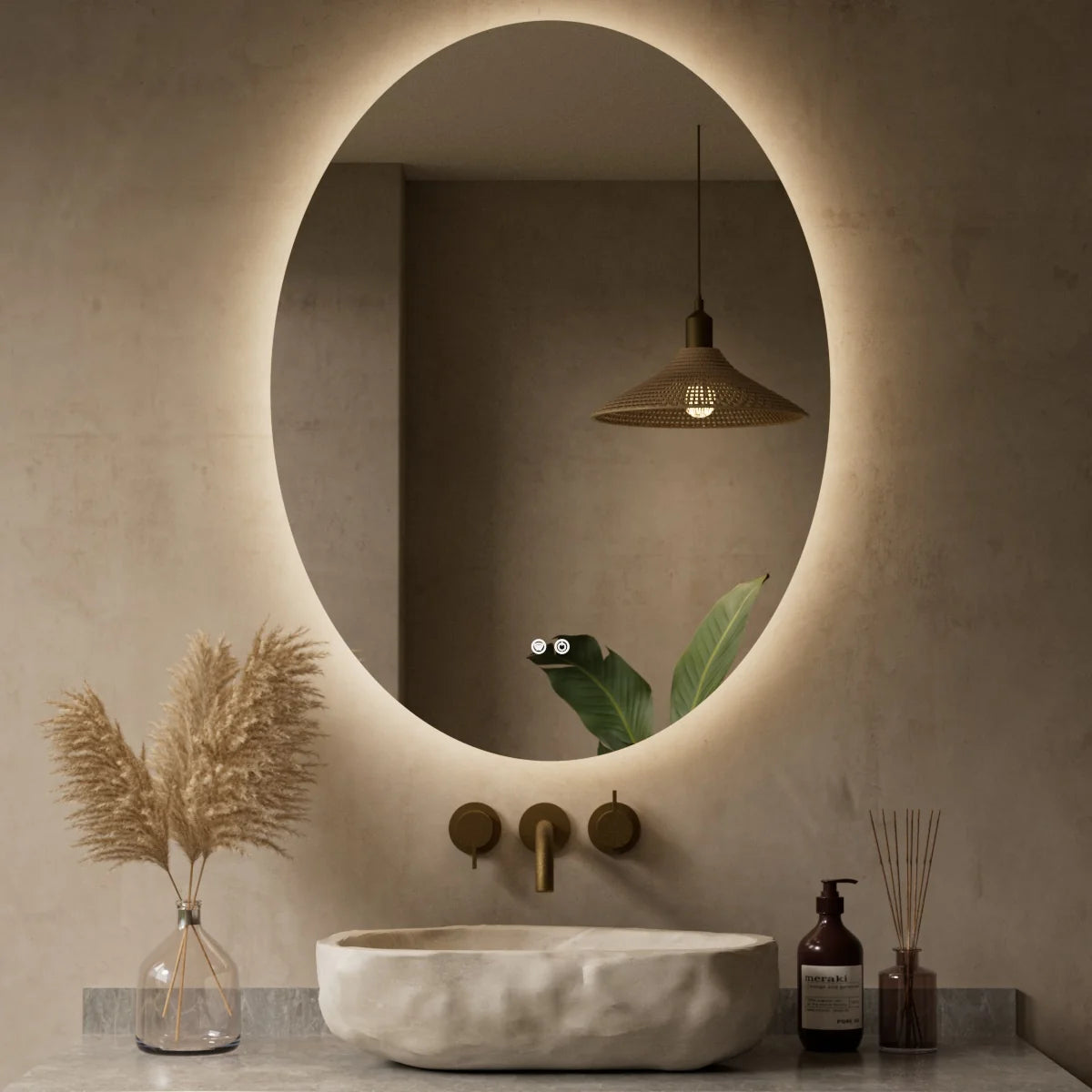 Prime LED House Oval Backlit LED Bathroom Mirror – 3-Color Dimmable, Anti-Fog, HD Tempered Glass, Touch Memory & French Cleat Mounting