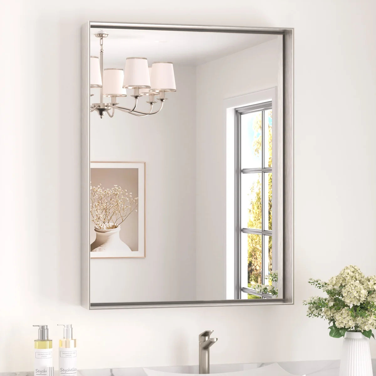 Prime LED House Brushed Aluminum Framed Bathroom Mirror – Rectangle Wall Vanity Mirror with Square Corners, HD Shatter-Resistant Glass, Modern Farmhouse Style