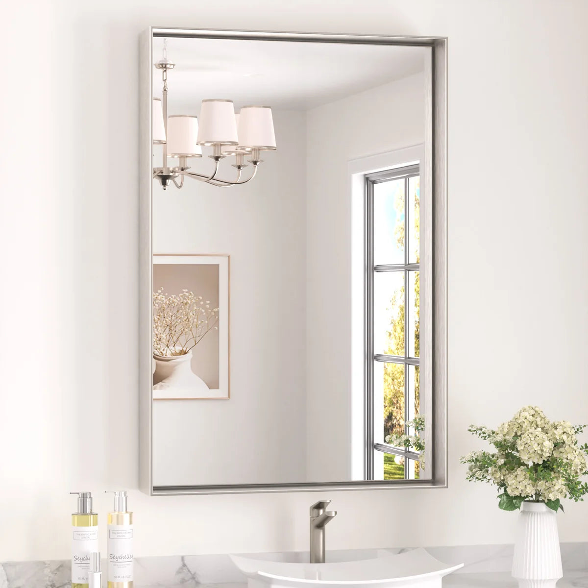 Prime LED House Brushed Aluminum Framed Bathroom Mirror – Rectangle Wall Vanity Mirror with Square Corners, HD Shatter-Resistant Glass, Modern Farmhouse Style
