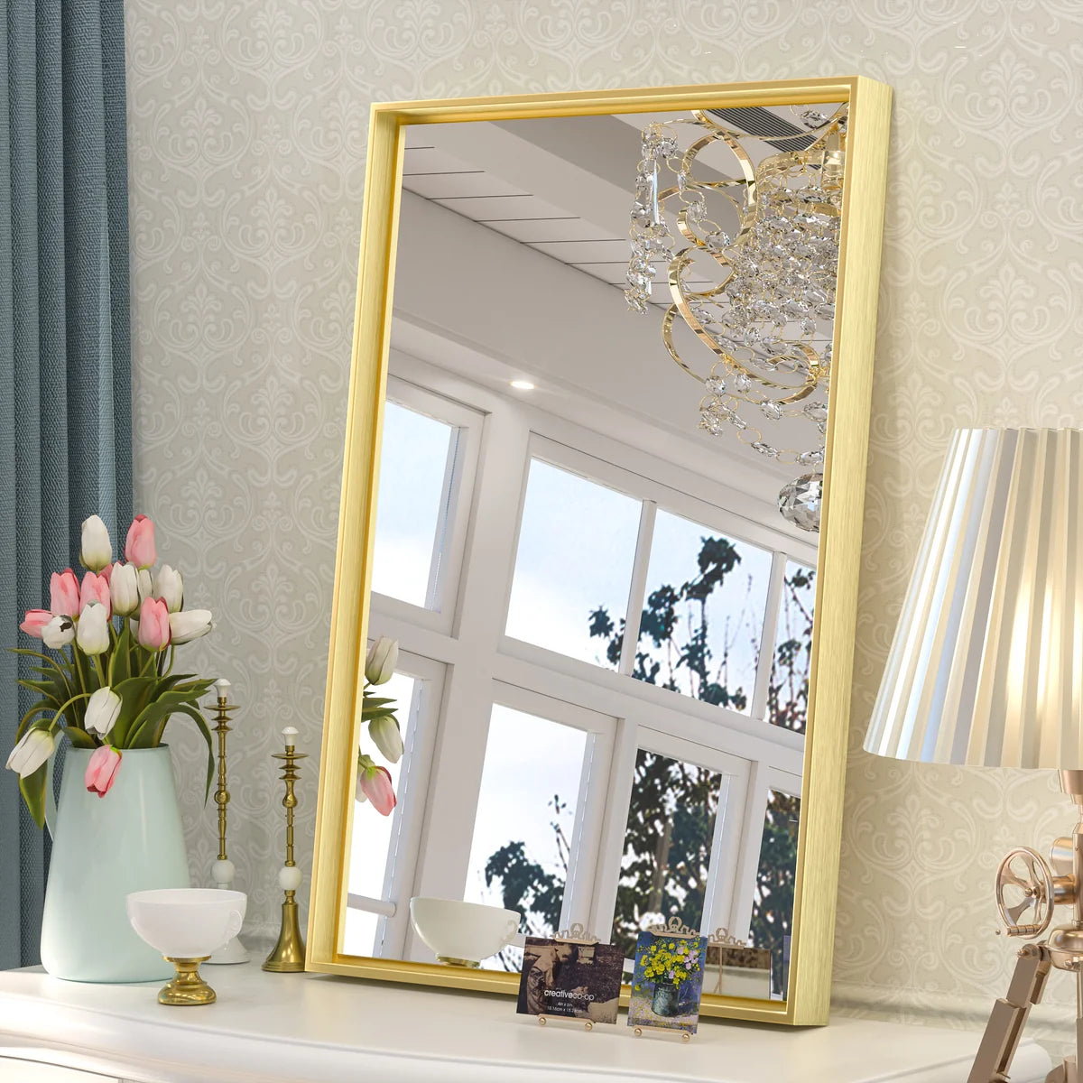 Prime LED House Brushed Aluminum Framed Bathroom Mirror – Rectangle Wall Vanity Mirror with Square Corners, HD Shatter-Resistant Glass, Modern Farmhouse Style