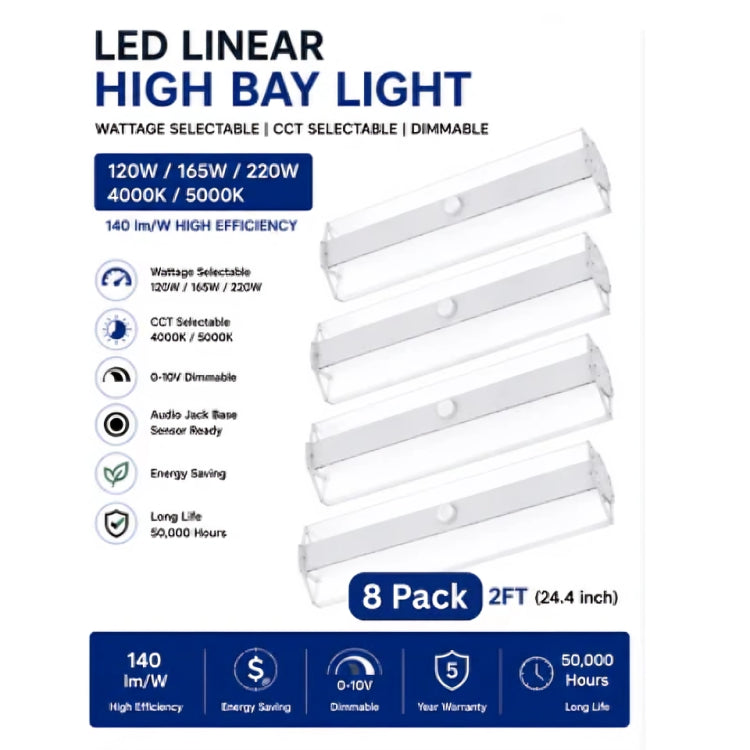 LED Linear High Bay Light – Wattage Selectable 120W/165W/220W – 4000K/5000K CCT – 140 lm/W – 0-10V Dimmable – 2FT