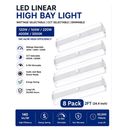 LED Linear High Bay Light – Wattage Selectable 120W/165W/220W – 4000K/5000K CCT – 140 lm/W – 0-10V Dimmable – 2FT