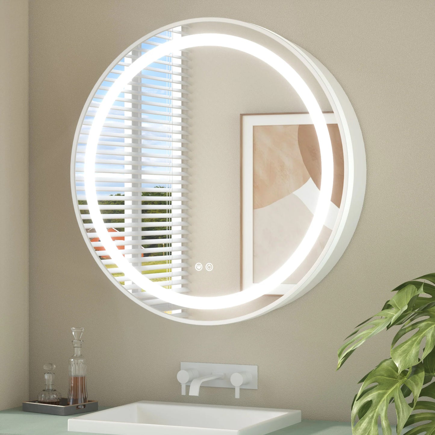Round LED Lighted Medicine Cabinet with Mirror – Anti-Fog, Dimmable 3 Color Lights & Built-In Outlet