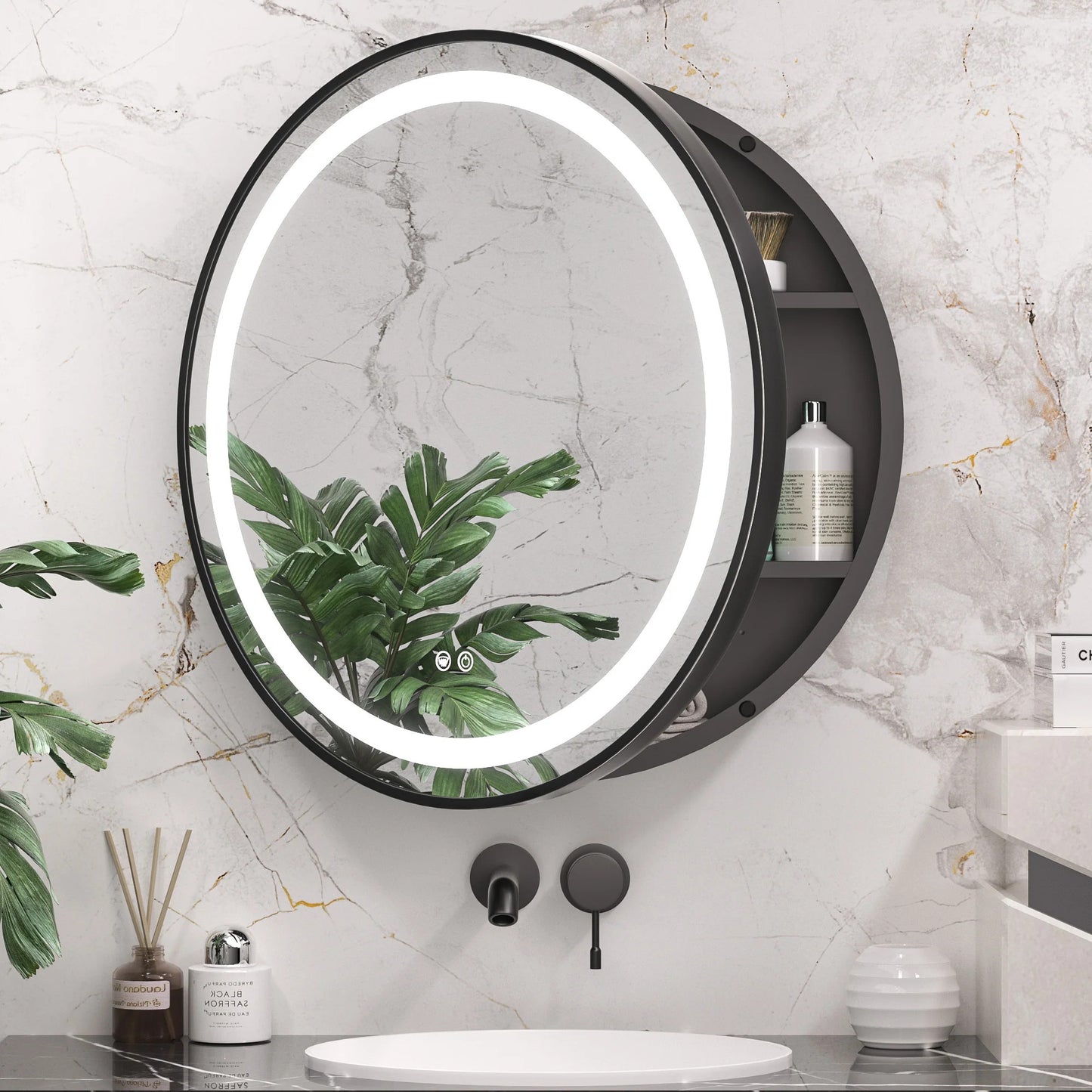 Round LED Lighted Medicine Cabinet with Mirror – Anti-Fog, Dimmable 3 Color Lights & Built-In Outlet