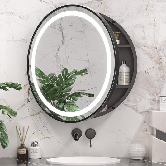 Round LED Lighted Medicine Cabinet with Mirror – Anti-Fog, Dimmable 3 Color Lights & Built-In Outlet