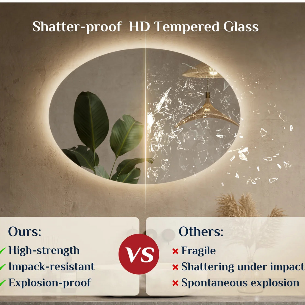 Prime LED House Oval Backlit LED Bathroom Mirror – 3-Color Dimmable, Anti-Fog, HD Tempered Glass, Touch Memory & French Cleat Mounting