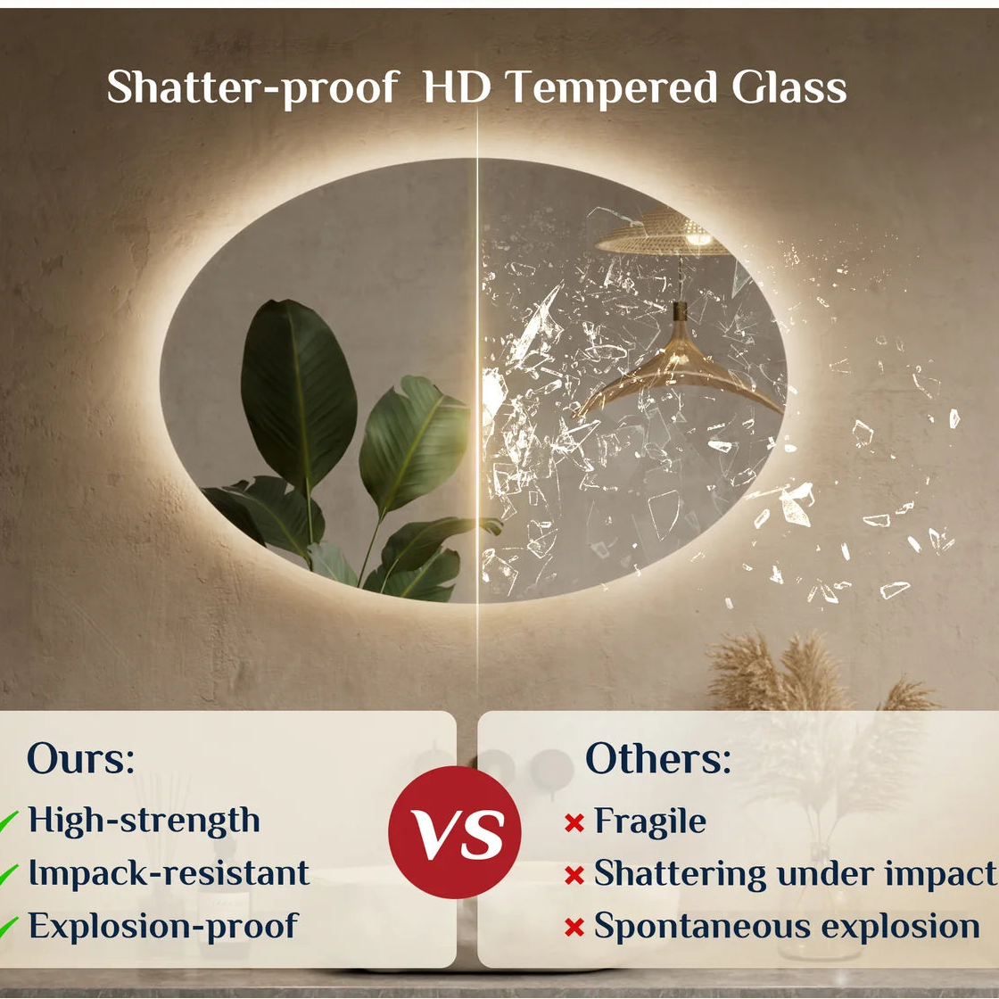 Prime LED House Oval Backlit LED Bathroom Mirror – 3-Color Dimmable, Anti-Fog, HD Tempered Glass, Touch Memory & French Cleat Mounting