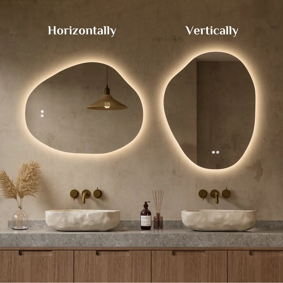 Prime LED House Asymmetrical Backlit LED Bathroom Mirror – 3-Color Dimmable, Anti-Fog, HD Tempered Glass