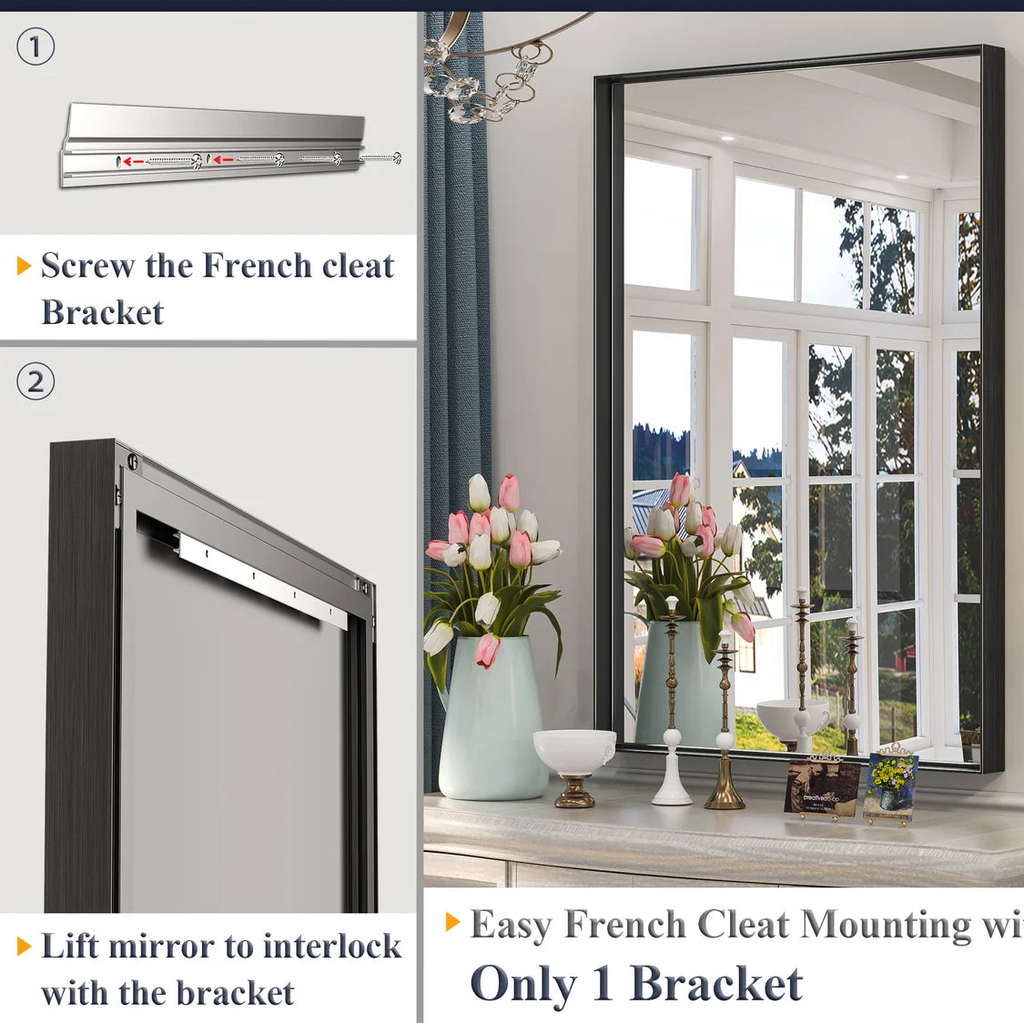 Prime LED House Brushed Aluminum Framed Bathroom Mirror – Rectangle Wall Vanity Mirror with Square Corners, HD Shatter-Resistant Glass, Modern Farmhouse Style