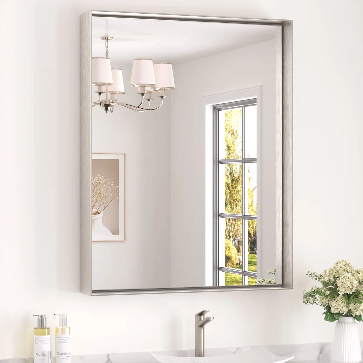 Prime LED House Brushed Aluminum Framed Bathroom Mirror – Rectangle Wall Vanity Mirror with Square Corners, HD Shatter-Resistant Glass, Modern Farmhouse Style