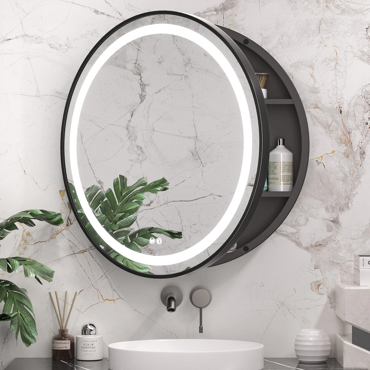 Round LED Lighted Medicine Cabinet with Mirror – Anti-Fog, Dimmable 3 Color Lights & Built-In Outlet
