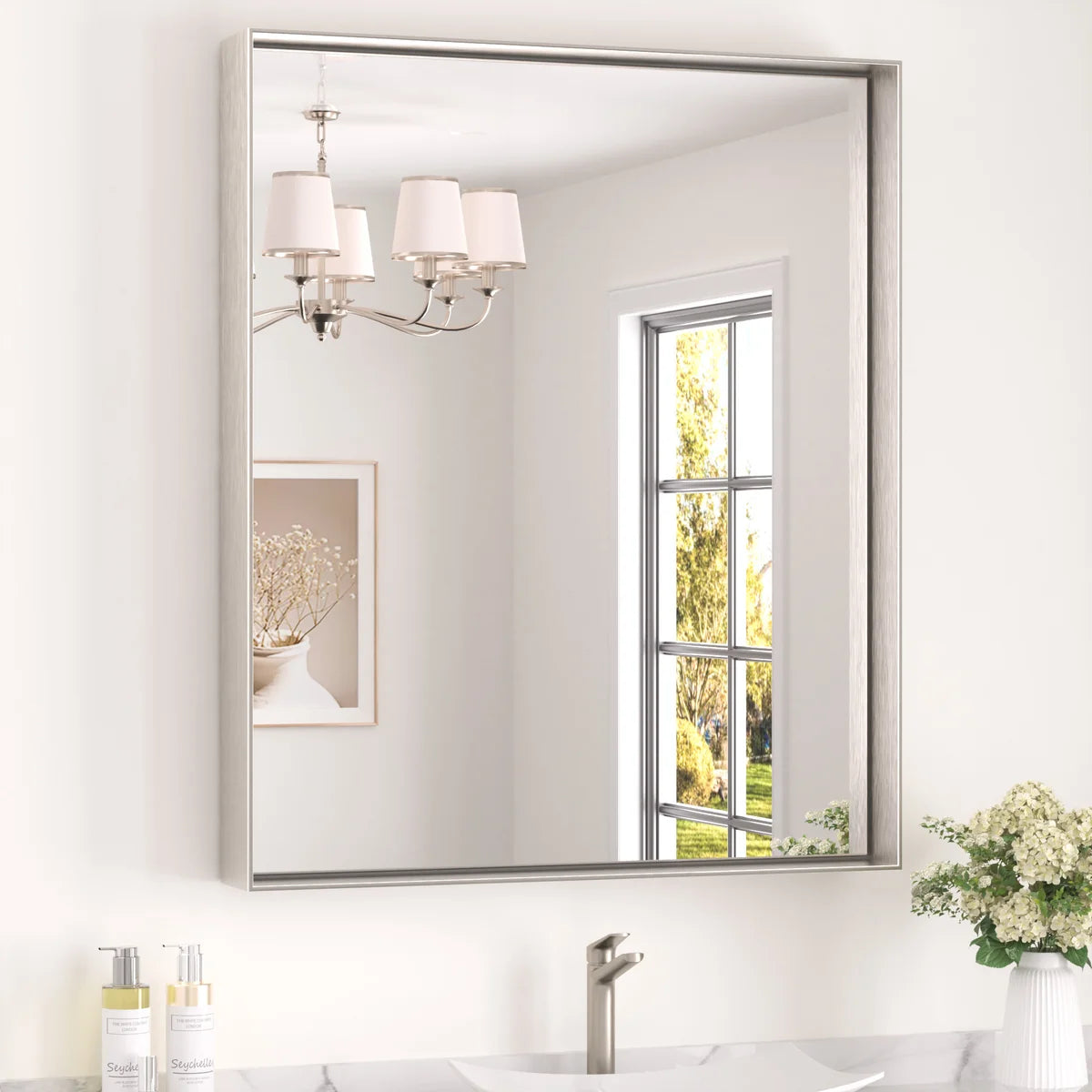 Prime LED House Brushed Aluminum Framed Bathroom Mirror – Rectangle Wall Vanity Mirror with Square Corners, HD Shatter-Resistant Glass, Modern Farmhouse Style